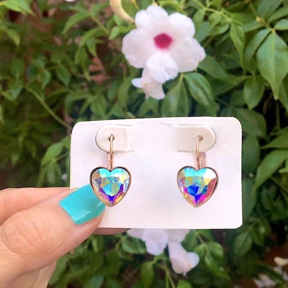 Aurora Borealis Crystal Heart + Rose Gold Drop Earrings - Picture 3 of 10